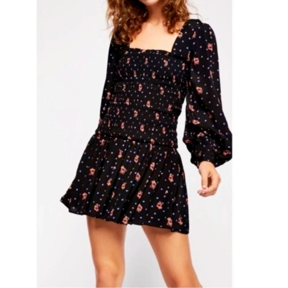 Free People Smocked Floral Celestial Star Black Long Sleeve Skater Mini Dress - Picture 12 of 14